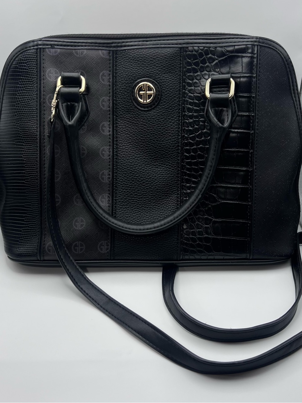 Giani Bernini Black Mixed-Texture Satchel with Gold Hardware